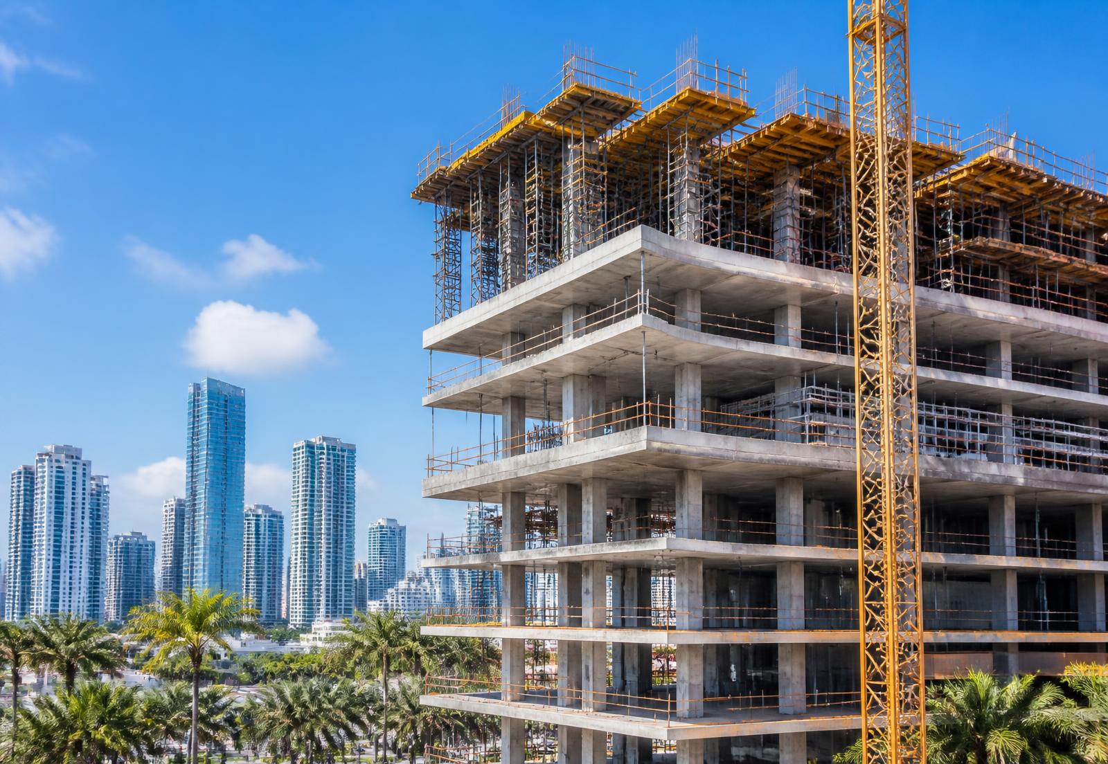 Structural steel and concrete framing inside an active commercial construction site
