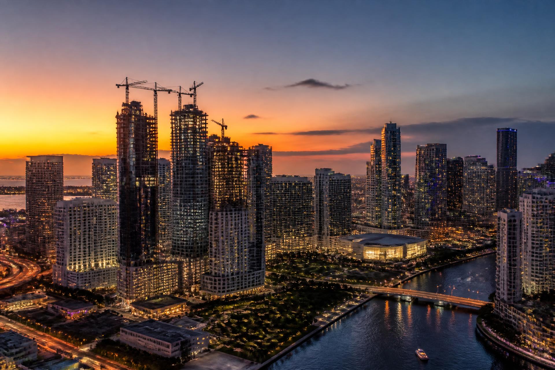 Miami skyline at dusk with high rise towers under construction